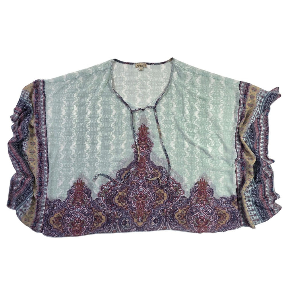 One World Live and Let Live Paisley Kaftan Top Green Boho Sheer Kimono XL